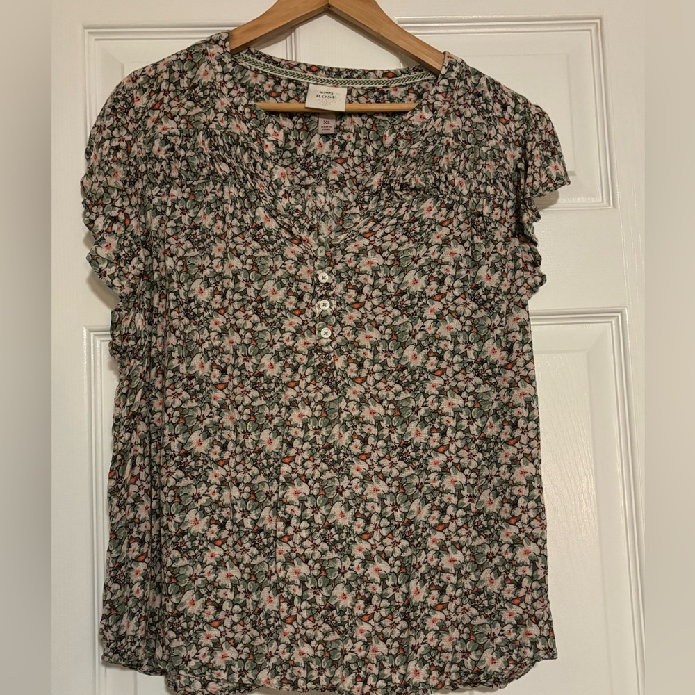 Knox Rose Blouse Floral Boho XL  Ruffle Cap Flutter Sleeve